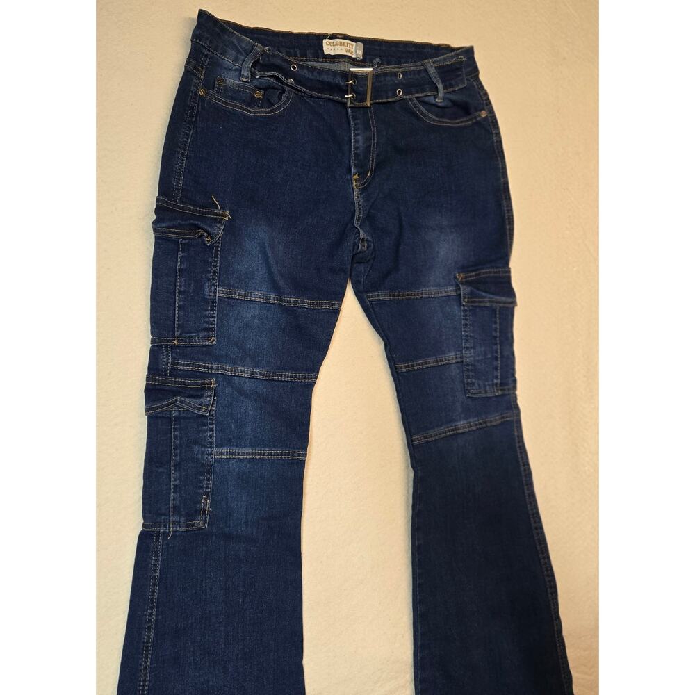 Celebrity Ace Womens Blue Flare Jeans Y2K Belted Cargo Streetwear Utility 15/32 - Picture 2 of 13